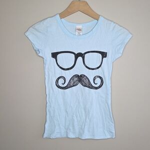 Y2K LA Teez Glasses & Mustache Graphic Light Blue Baby Tee Girls Size 7/8